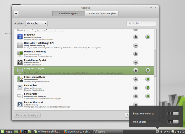 Ein Applet sorgt für den schnellen Zugriff auf die Benachrichtigungs- und Energieeinstellungen. (Screenshot: Golem.de)